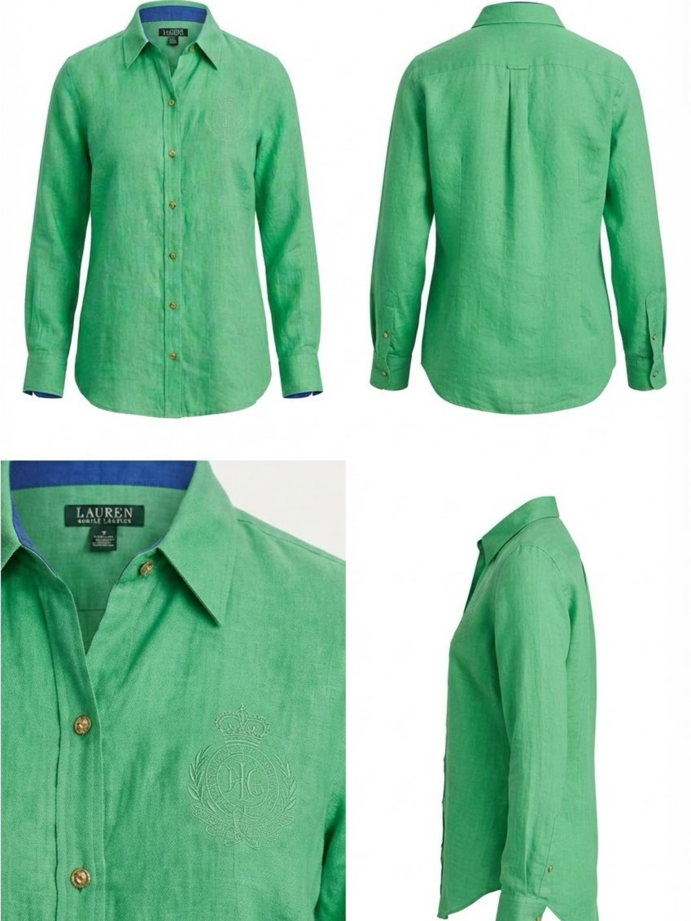 Lauren Ralph Lauren 100% Linen Bright Green Button-Down Shirt Women’s Size XL - Picture 4 of 14